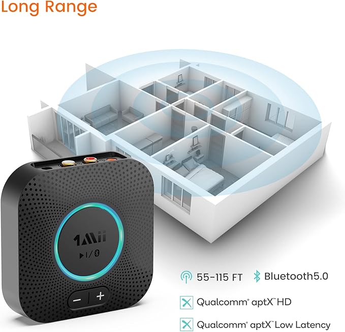 1Mii B06S Bluetooth 5.2 Receiver for Music Streaming System, Hi-Fi Wireless Audio Adapter for Stereo Receiver w/aptX HD aptX Low Latency, Bluetooth Receiver w/Volume Control RCA/3.5mm Outputs