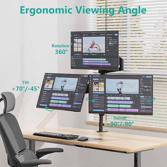 WALI Triple Monitor Mount for 17-32 Inch Screens, Full Adjustable 3 Monitors Desk Mount with Clamp & Grommet Base, Gas Spring Monitor Arm, up to 19.8lbs Each, VESA 75x75 100x100 mm (GSDM003XL), Black