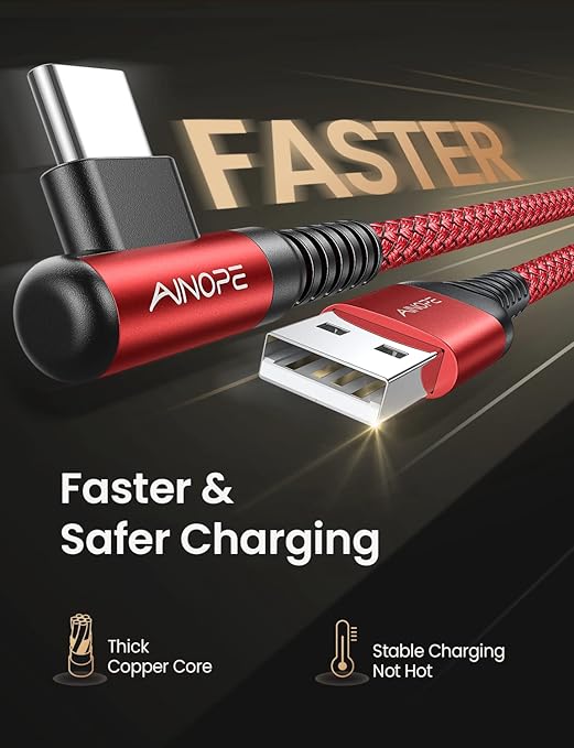 AINOPE USB C Cord 3.1A Fast Charge, [2-Pack, 6.6ft] Type C Charging Cable Right Angle, Resistant Nylon Braided USB-A to USB-C Charge Compatible Galaxy S10 S9 S8 Plus S21, V30,V20,G6, Type C Charger