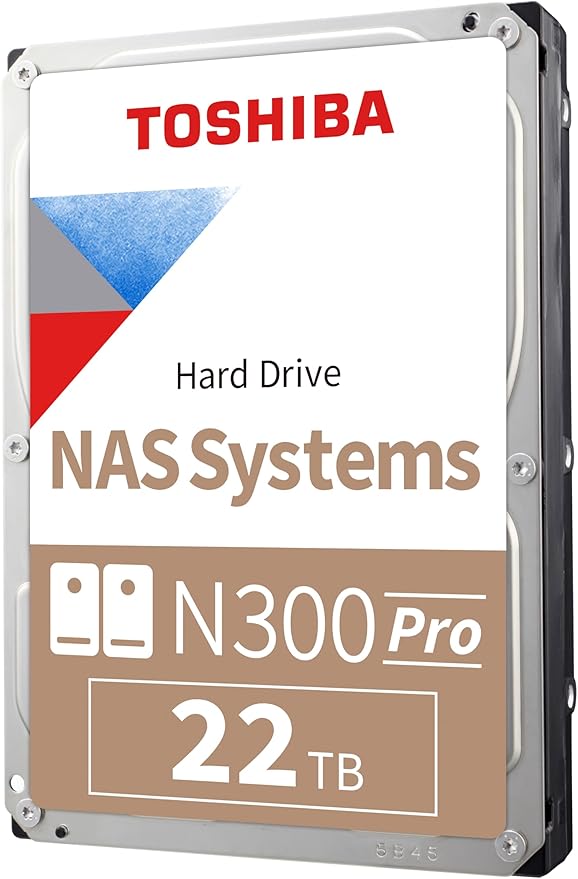 Toshiba N300 PRO 22TB Large-Sized Business NAS (up to 24 Bays) 3.5-Inch Internal Hard Drive - Up to 300 TB/Year Workload Rate CMR SATA 6 Gb/s 7200 RPM 512 MB Cache - HDWG62CXZSTB