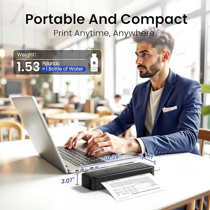 2025 Portable Printers Wireless for Travel, Inkless Thermal Printer Support 8.5" x 11"& A4, Mobile Printers with Carry Case, Bluetooth Portable Printer for Office,Travel,School,Car,Home,Black