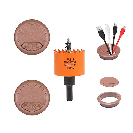 Desk Grommet 2 inch with Hole Saw, Desk Cord Hole Cover Grommet for Cables, 2 PCS, Brown