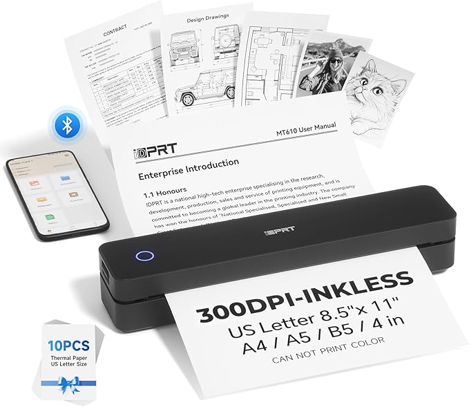 iDPRT Portable Printer Wireless for Travel, 300DPI Bluetooth Thermal Printer Support for 8.5"x11" US Letter, Inkless Compatible with iOS, Android, Laptop for Office, Car and Home, School