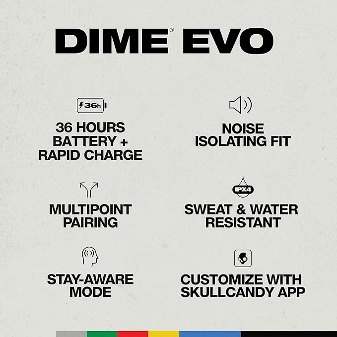 Skullcandy Dime Evo Wireless Earbuds, Bluetooth Headphones, Noise Isolating Fit, Up to 36 Hours Battery, Microphone for iPhone Android, Easy Carry with Clip-Anywhere Case - True Black