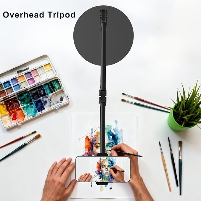 Overhead Phone Mount for Desk, 17" Long Arm Adjustable iPhone Holder, Heavy Duty Rotatable Stand for Video Recording, Live Streaming, Crafting, Cooking