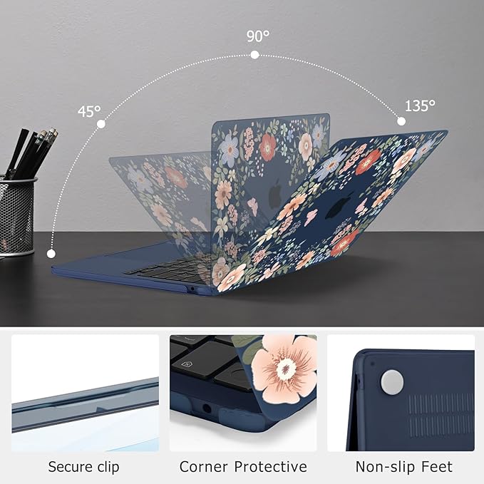 MOSISO Compatible with MacBook Air 13 inch Case 2025 2024 2023 2022 M4 A3240 M3 A3113 M2 A2681, Lush Floral Hard Shell&Keyboard Cover&Screen Protector for MacBook Air 13.6 inch Case, Blue