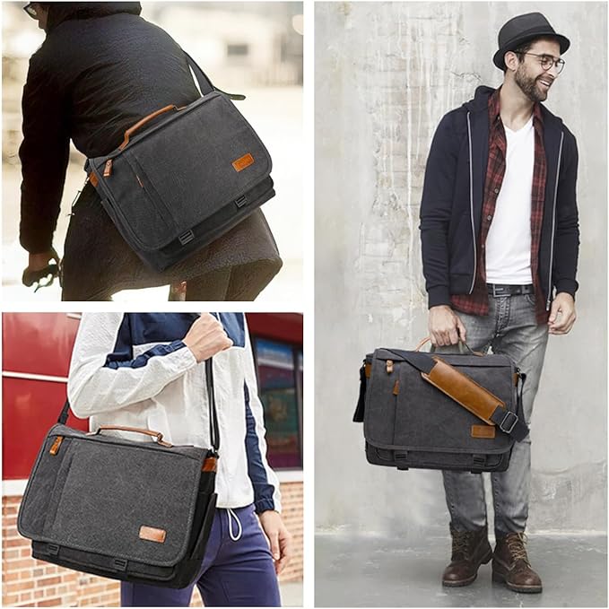 ESTARER Men Messenger Bag 17-17.3 Inch Laptop Bag Water-resistant Canvas Computer Shoulder Bag Briefcase for Work College Travel, Grey