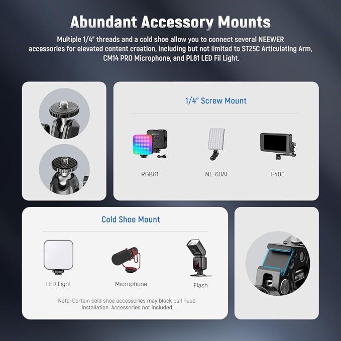 NEEWER Super Clamp with 3" Dual Ballhead Magic Arm, Ball Head Adapter, Cold Shoe, Phone Holder, Action Camera Clamp Mount for Flat/Round Surface Compatible with GoPro DJI iPhone 15 Pro Max, ST85