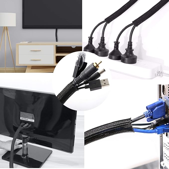 CrocSee 25ft - 3/8 inch Braided Cable Management Sleeve Cord Protector - Self-Wrapping Split Wire Loom for TV/Computer/Home Theater/Engine Bay - Black