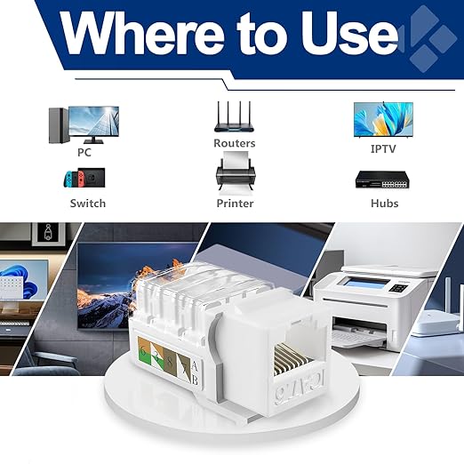 Cat6 Keystone Jacks 12-Pack, RJ45 Keystone Jack 90 Degree Punch Down, Ethernet Jack for Cat6, Cat5e, Cat5 Cabling, Slim Profile in White