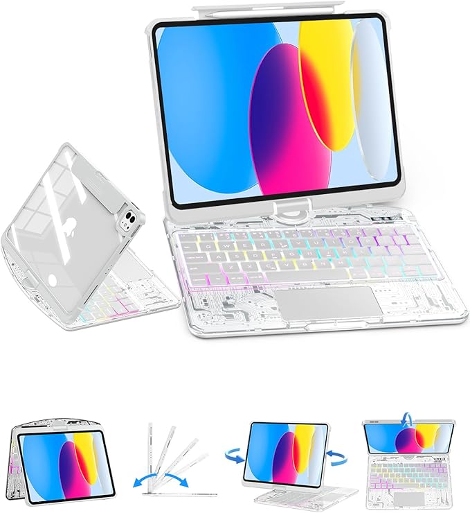 SIBEITU Keyboard Case for iPad A16 11th Gen 11" 2025 & 10th Gen 10.9" 2022, Clear Wireless Keyboard Protective Cover with Multi-Touch Trackpad, 7-Color Backlight & 3-Brightness, 360 Rotatable, White