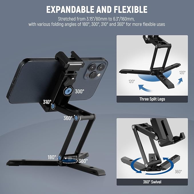 NEEWER Phone Tripod Mount with Cold Shoes, Metal Smartphone Adapter Compatible with iPhone, Multi Angle Tri Fold Cell Phone Holder, Handheld Grip for Streaming Vlog SP-04