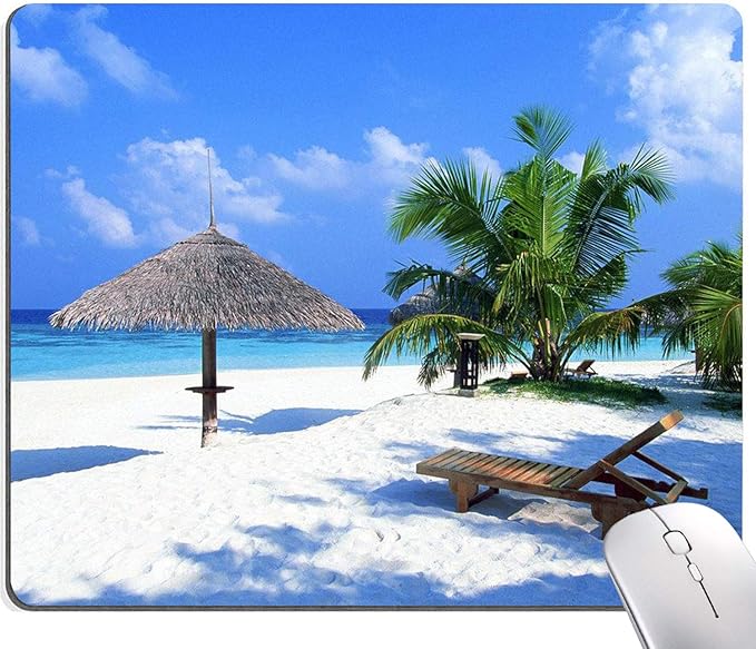 Tropical Beach Mouse Pad, Coconut Palm Trees Shadows on Hawaii Shore Summer Plants Idyllic, Customized Rectangle Non-Slip Rubber Mousepad Nature Gaming Mouse Pad, 9.5 X 7.9 Inches