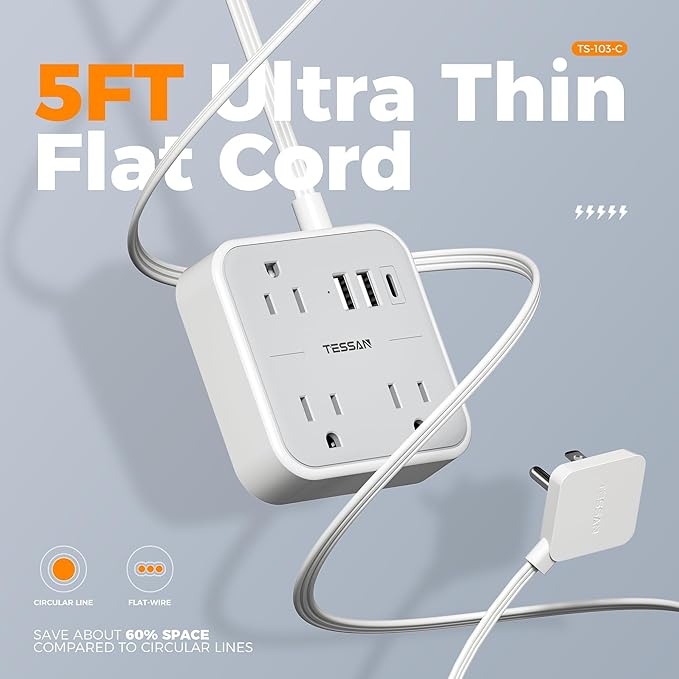 TESSAN Ultra Thin Flat Extension Cord 5 FT, Slim Power Strip with USB Ports (1 USB C), Surge Protector Flat Plug Wall Charger with 3 Outlets for Office, School, Dorm Room Essentials