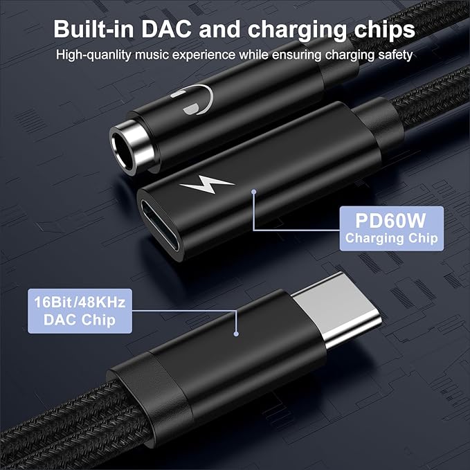 Samsung Galaxy S25 Headphone Adapter, 2 in 1 USB C to 3.5mm Aux Audio Jack with 60W Fast Charging Dongle Cable for Galaxy S25 S24 S23 Ultra A17 A56 A16 A15 A14 A54 iPhone 17 16 15 Pro Max Pixel 10 9 8