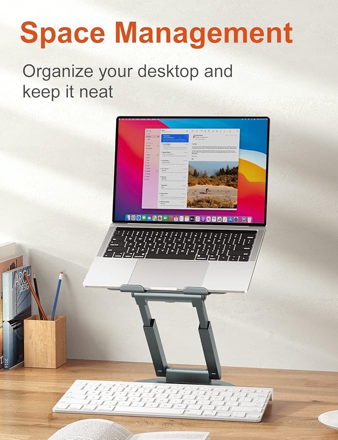 tounee Telescopic Laptop Stand for Desk with 360° Swivel Base, Sit to Stand, Height Adjustable, Portable Riser Holder for Good Posture, Compatible with MacBook Pro, All Laptops 10-17"-Gray