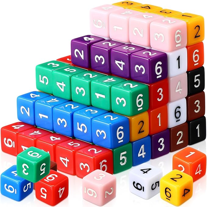 Poen 100 Pcs 16mm Dice Set Bulk, 6 Sided Standard Colored Dices with Numbers, D6 Polyhedral Games Dice for Board Games, Parties (Solid Color)