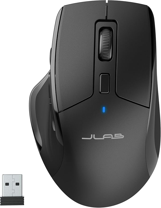 JLab JBuds Wireless Mouse, Connect Via Bluetooth or USB Wireless Dongle, Multi-Device Toggle, Up to Three Devices, Custom User Profiles, Adjustable Tracking, Full-Size, Rechargeable, (1 Pack)