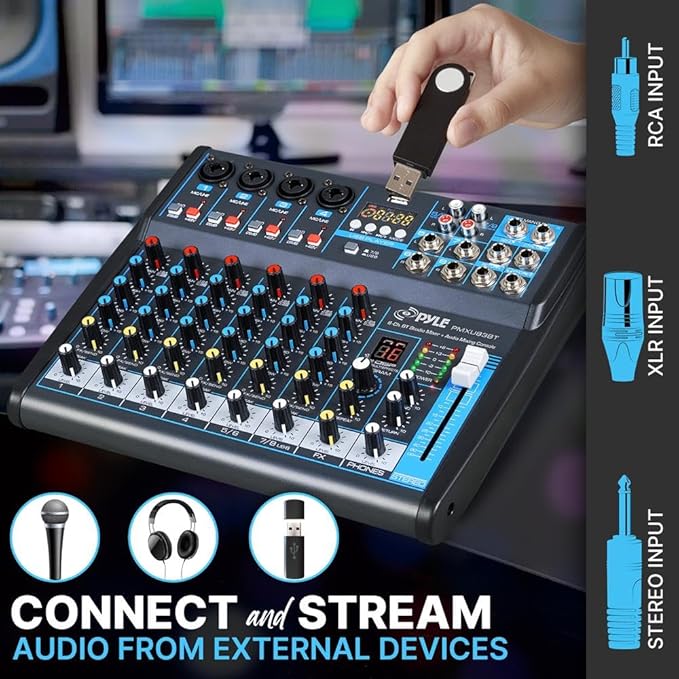 Pyle Professional Audio Mixer Sound Board Console Desk System- Interface 8 Channel Digital USB Bluetooth MP3 Computer Input 48V Phantom Power Stereo DJ Studio FX 16Bit DSP Processor, Black - PMXU83BT