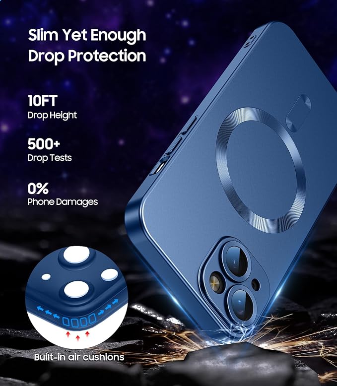 Magnetic for iPhone 14 Case [Compatible with MagSafe][Built-in Camera Lens Protector] Slim Soft Silicone Bumper Shockproof Metallic Luster Phone Case (Blue)