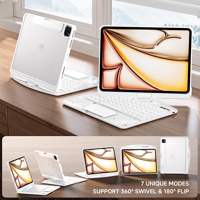 Transparent Case with Keyboard for 2024 iPad Pro 13 inch (M4), iPad Pro 13,7-Color Backlit,Magic Wireless Keyboard, 360°Rotating,Multi-Touch trackpad,Pencil Holder,with Shortcuts,White