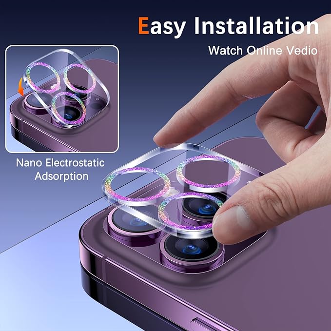 UniqueMe [3 Pack Compatible for iPhone 14 Pro Max/iPhone 14 Pro Camera Lens Protector Tempered Glass,[Case Friendly][Scratch-Resistant][Night Shooting Mode]-Glitter Colorful