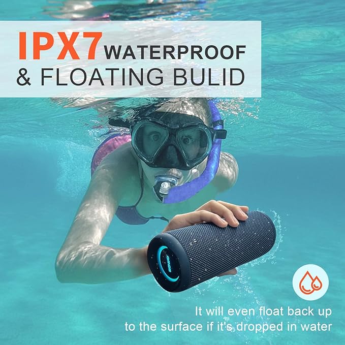 SOWO Portable Bluetooth Speaker, IPX7 Waterproof Wireless Bluetooth Speaker, Bassboom Technology, 25W Loud Stereo Sound, LED Light with TWS Pairing, 16H Playtime for Home and Outdoor -Blue
