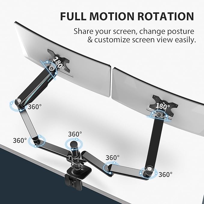 EUREKA ERGONOMIC Dual Monitor Stand, Fully Adjustable Gas Spring Double Monitor Arms for PC Computer Screen 13 to 32 inch up to 17.6 LBS W VESA 75x75mm,100x100mm C Clamp Grommet Base, Black