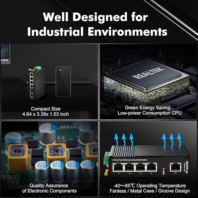 MokerLink 5 Port Industrial DIN-Rail Network Switch, 10/100Mbps Fast Ethernet, IP40 Rated Network Switch (-40 to 185°F), with UL Power Supply