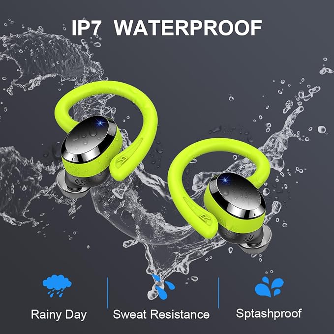 Wireless Earbud, Bluetooth 5.4 Headphones IP7 Waterproof for Sport, 48H Running Wireless Earphones with ENC Noise Cancelling Mic, Deep Bass Over Ear bud with Earhooks for Android, iOS, Workout, Green