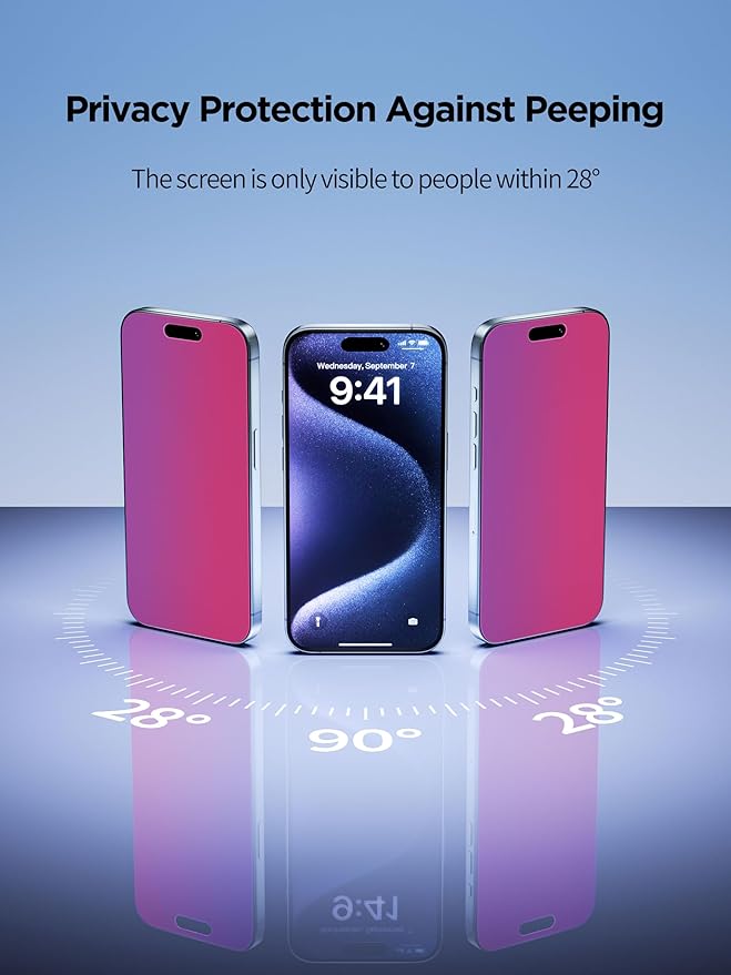 Compatible for iPhone 16/iPhone 15 Privacy Screen Protector Tempered Glass 6.1 Inch, Pink Gradient Anti Spy Anti Blue Light HD Easy Installation