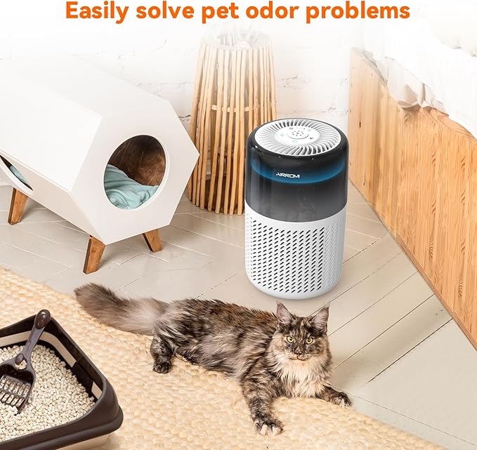 AIRROMI Air Purifier for Bedroom Home,HEPA Filter,Covers Upto 549 Ft²,Quiet 360°intake Air Cleaner with Fragrance ponge for Better Sleep,Night Light,Filters Smoke,Pet Dander,Allergies,Dust,A2005 White