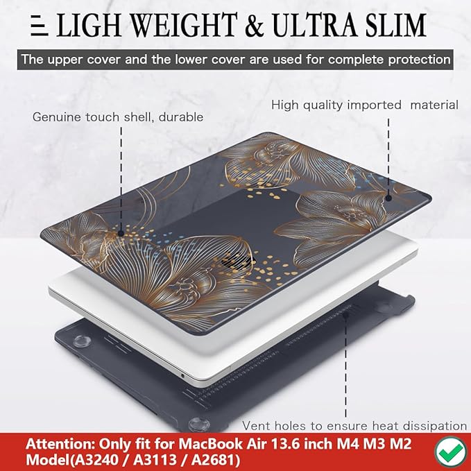 CISSOOK Gorgeous Flower Case for MacBook Air 13.6 inch M4 M3 M2 2025 2024 2022 Release, Hard Shell Case with Keyboard Cover +Screen Protector for MacBook Air 13 inch A3240 A3113 A2681