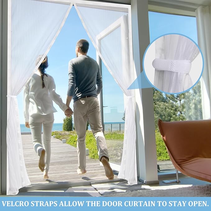 Magnetic Screen Door - Self Sealing, Heavy Duty, Hands Free Mesh Partition Keeps Bugs Out Let Breeze in- Pet and Kid Friendly - Keep Open Feature (White, Fit Door Size 32 x 78 Inch)