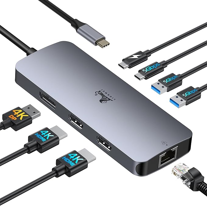 USB C Docking Station Dual Monitor, LIONWEI Laptop Docking Station 3 Monitors with 2 HDMI, 4K DisplayPort, 1Gbps Ethernet, 100W PD, 3 USB A/C 3.0, USB C Hub Multiport Adapter for Dell/Lenovo/HP