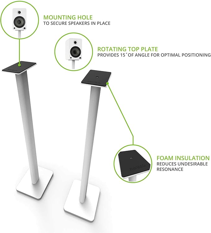 Kanto SP32PLW Universal Speaker Floor Stands for Bookshelf Speakers | 32" Tall | Two Sizes Rotating Top Plate w/Foam Padding | Carpet & Hardwood Feet | Hidden Cables | ¼”-20 Mounting | Pair | White