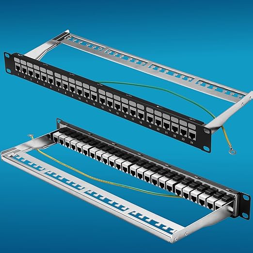 Rapink Patch Panel 24 Port Cat6A with Inline Keystone 10G Support, Coupler Patch Panel STP Shielded 19-Inch with Removable Back Bar, 1U Network Panel for Cat7, Cat6, Cat6A, Cat5e