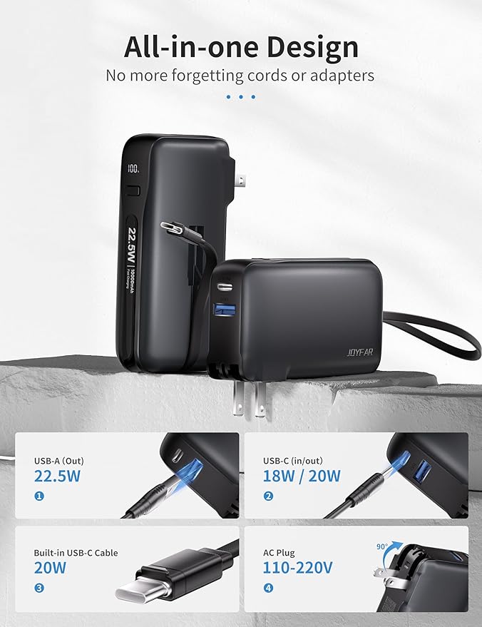1 Pack Portable Charger with Built-in USB-C Cable & Plug, 10,000mAh 5V/4.5A Power Bank Fast Charging 22.5W, Travel Essential Battery Pack 3 Output for iPhone 16/15 Series, Samsung Galaxy, iPad