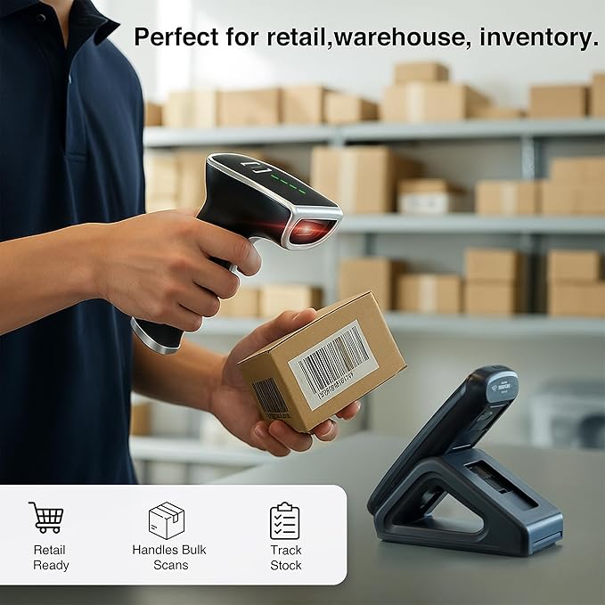 Scanmarker 1D/2D Wireless Barcode Scanner – Boost Speed & Accuracy with Bluetooth & 2.4G Modes – Handheld QR Code Scanner with Charging Stand for Easy scanning on Laptop, iOS & Android