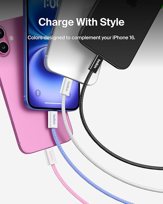 Belkin USB C to USB C Cable, 6.6ft, 60W - Type C Charger, iPhone Charger Cord, Soft, Braided, Flexible for iPhone 16, Galaxy S25, Pixel 9, Airpods, iPad Pro, Tablet & More, Travel Essentials - Black