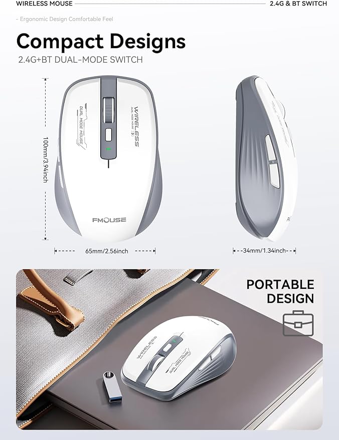 Wireless Mouse (Bluetooth & 2.4GHz USB) with Forward/Backward Side Keys, Silent Click, Ergonomic Portable AA Battery Mice for Laptop/Mac/iPad - Office & Travel Use, White & Grey