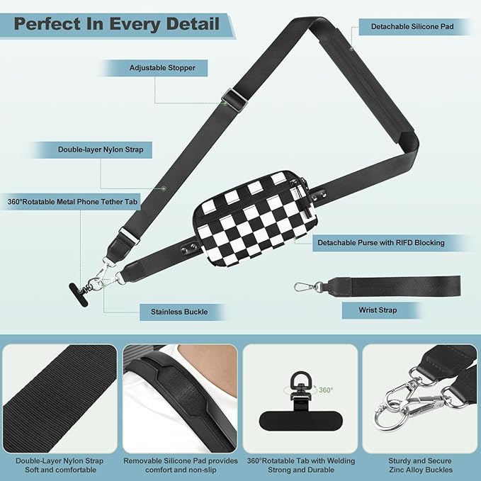 Clip and Go Strap for Phone with Wallet Crossbody, Adjustable Phone Lanyard with Detachable RFID Wristlet Wallet, Phone Strap with Phone Tabs for All Phones, Black Checkered (L)