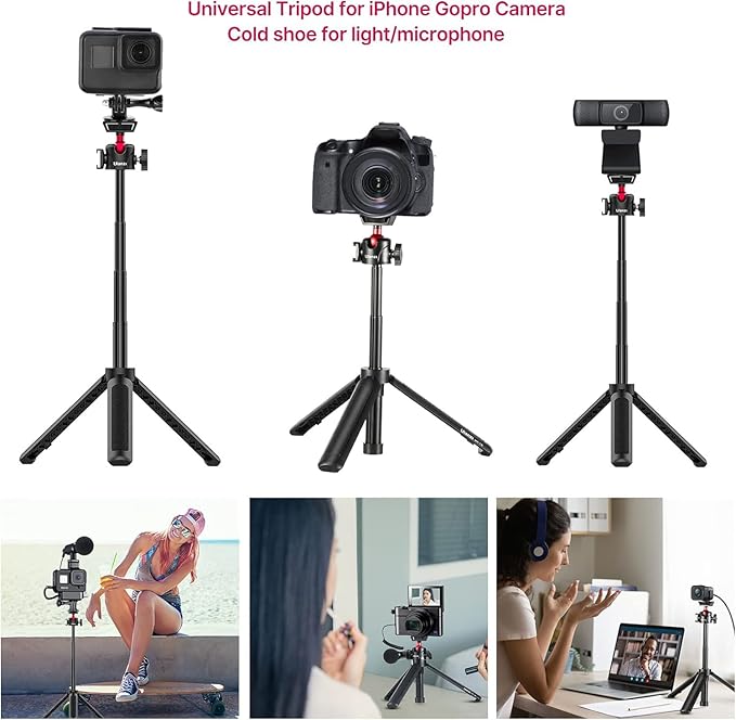ULANZI MT-16 Extendable Mini Camera Tripod, 4 Levels Adjustment 360° Ball Head Cold Shoe Lightweight Portable Vlog Travel Selfie Stick Handle Grip Desktop Webcam Tripod for DSLR Action Camera