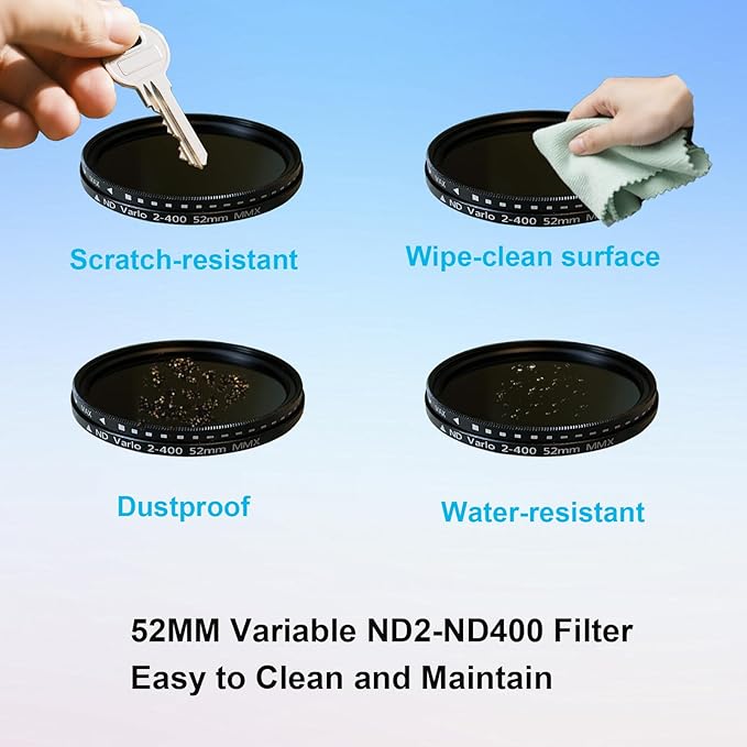 52mm Clip-on ND2-400 Phone Camera Lens Filter Kit, Adjustable Neutral Density Filter Compatible for iPhone 15 14 13 12 11, Google Pixel and Other Smart Phones