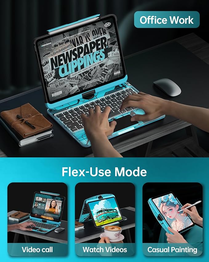 Intermerge Clear A16 11th (2025) & 10th Generation 10.9" Case with Keyboard, 360° Transparent Multi-Touch Trackpad, 7-Color RGB Keyboard, Pencil Holder, Type-C, Power Indicator, Aqua Pulse