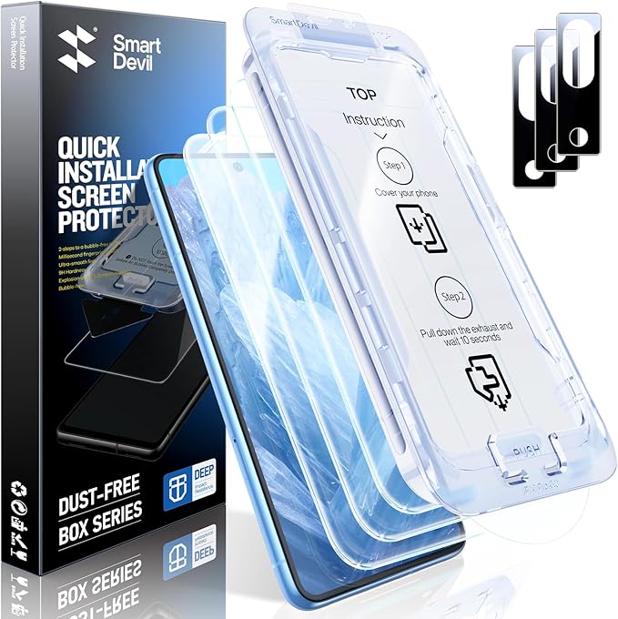 SMARTDEVIL [3+3 Pack for Google Pixel 8A Screen Protector with Camera Lens Protector, Finger Print Reader Compatible, Fast & Easy Installation, Clear 9H Tempered Glass Film, Alignment Frame