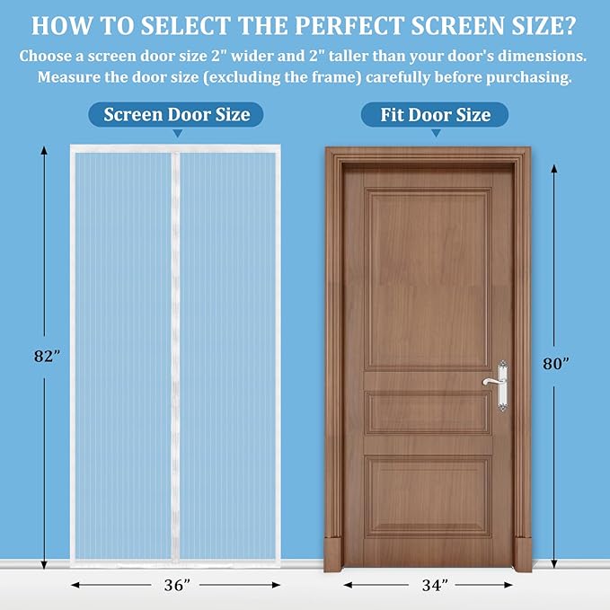 Magnetic Screen Door - Self Sealing, Heavy Duty, Hands Free Mesh Partition Keeps Bugs Out Let Breeze in- Pet and Kid Friendly - Keep Open Feature (White, Fit Door Size 34 x 80 Inch)