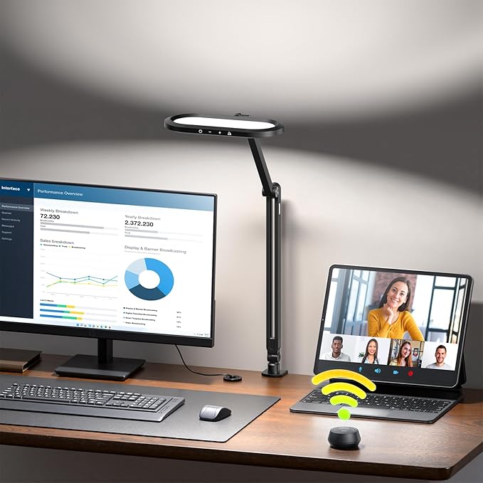 Desk Lamp for Home Office, Eye-Care Dual-Sided Seamless Dimmable LED Desk Light with Knob Remote, Adjustable Arm Clamp Computer Lighting for Video Conference Recording, Zoom Call, Task, Stream