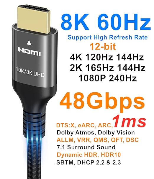 10K 8K 4K HDMI Cable 48Gbps 15 FT, Certified Ultra High Speed HDMI® Cable 4K 240Hz 144Hz 120Hz 8K60Hz 0.01ms HDR10+ eARC HDCP2.3 Netflix Roku TV PC Monitor Projector PS5 Xbox