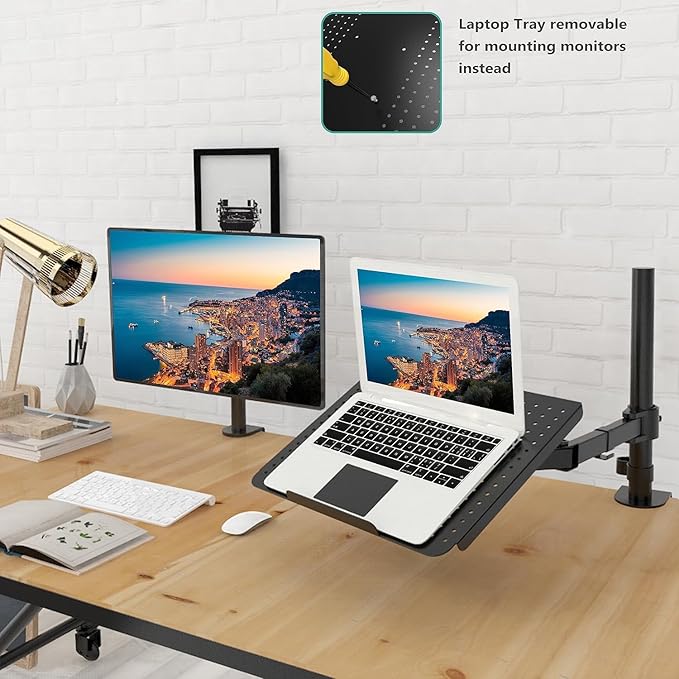 WALI Laptop Tray Desk Mount for 17inch Notebook, Fully Adjustable Laptop Arm up to 22lbs, Monitor Mount with Vented Cooling Platform Stand (M00LP), Black